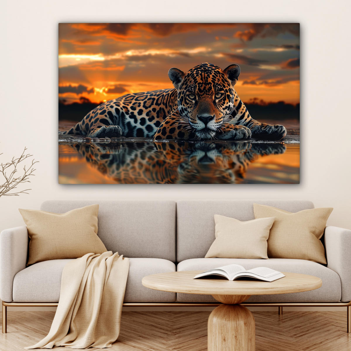 LEINWANDBILD Natur - Leopard - Tier - Sonnenuntergang - Modern Groß 140x90 cm - Orange, Textil (140/90cm) - MuchoWow