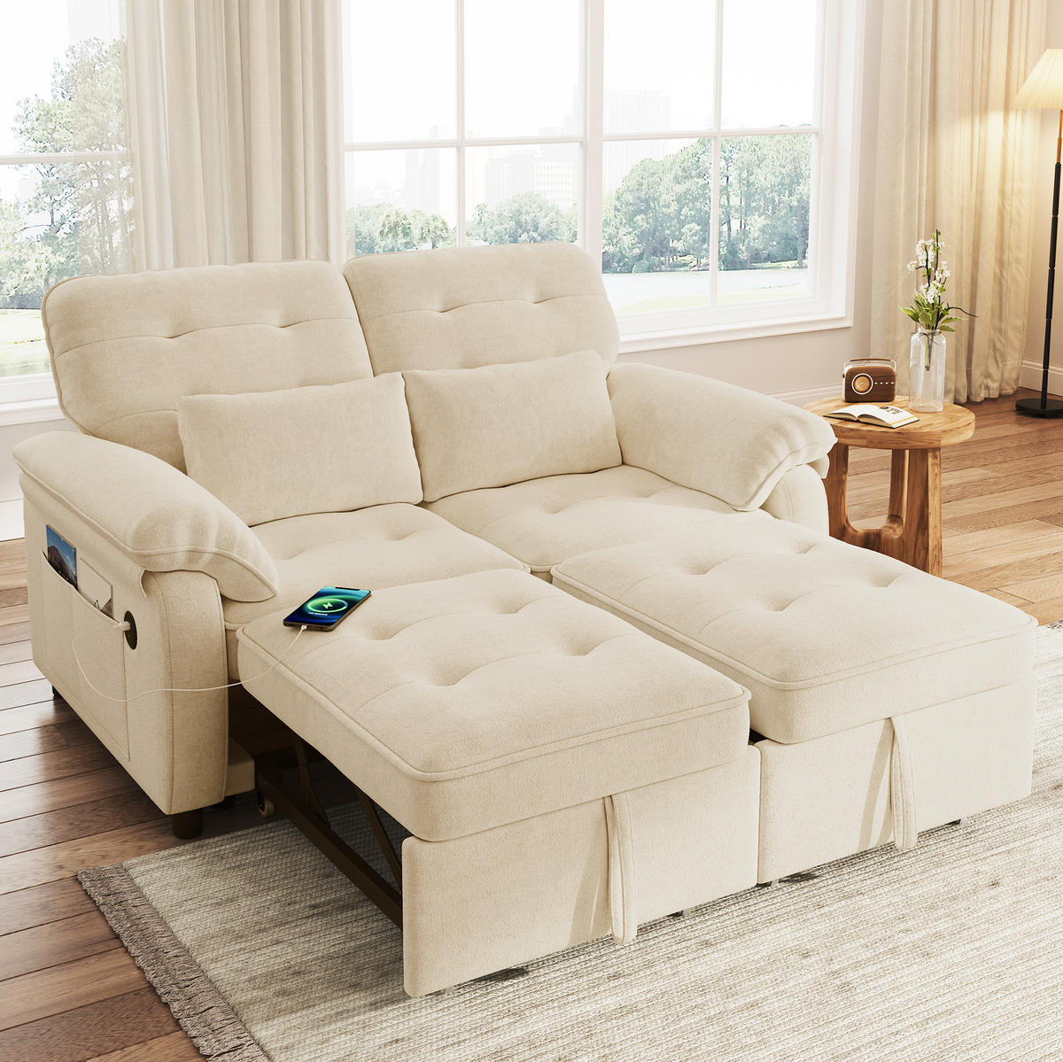 SCHLAFSOFA 142/90/86,5 cm aus Chenille mit 3-in-1-Bettfunktion Beige - Beige, Textil (90/86.5/142cm) - Modenvie
