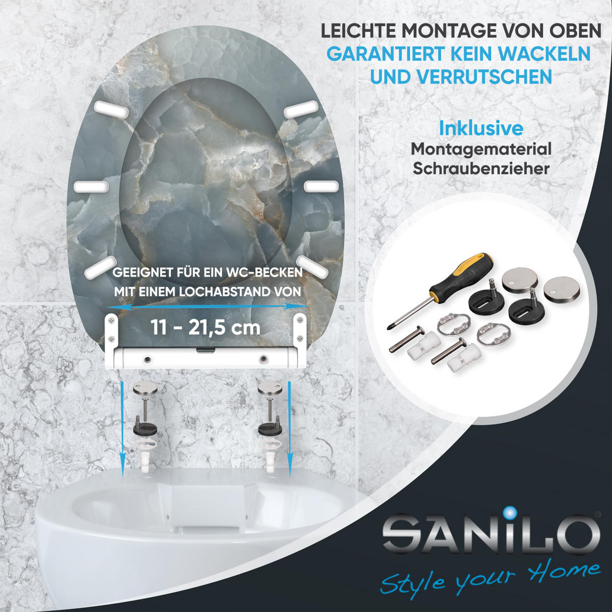 WC-SITZ mit Absenkautomatik & Top Fix Marmor Italia - Grau, Holzwerkstoff (37.7/5.5/48cm) - Sanilo