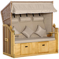 STRANDKORB, 3-Sitzer Sonnenliege mit Dach, 2 Klapptischen, XXL Polyrattan, Natur - Naturfarben, Metall (79/160/150cm) - Outsunny