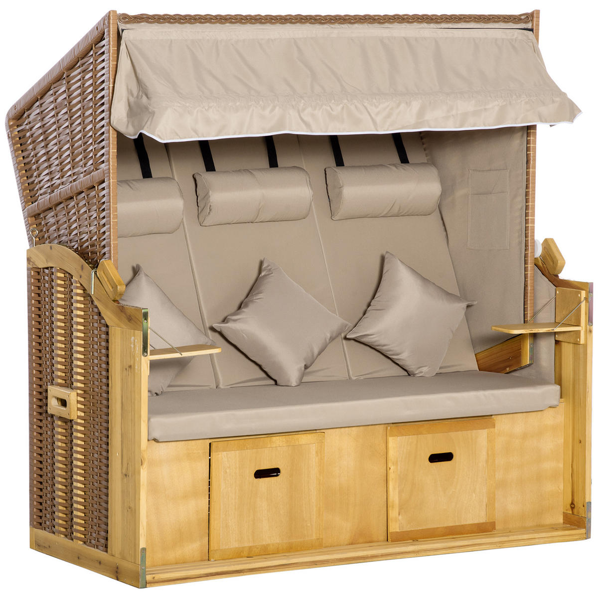 STRANDKORB, 3-Sitzer Sonnenliege mit Dach, 2 Klapptischen, XXL Polyrattan, Natur - Naturfarben, Metall (79/160/150cm) - Outsunny