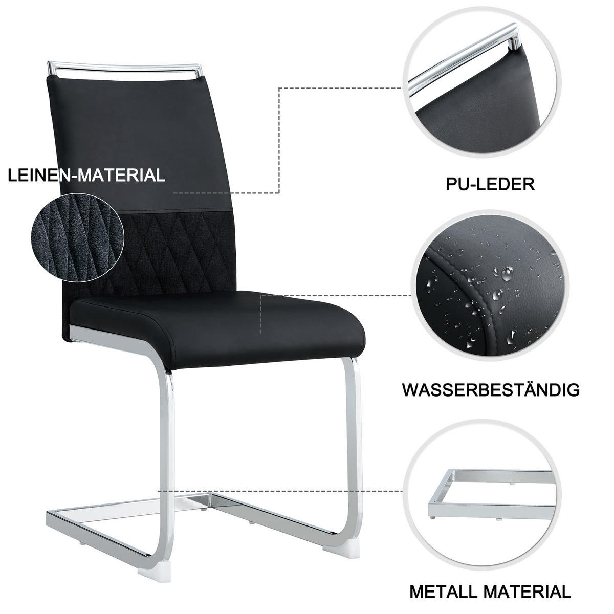 STUHL 4er Set mit ergonomischer Rückenlehne, Kunstleder & Leinen Bezug, 7 cm dicker Sitzpolsterung und Fußpolstern im modernen Design, schwarz - Schwarz, Metall (48/95/42cm) - Luhomfu