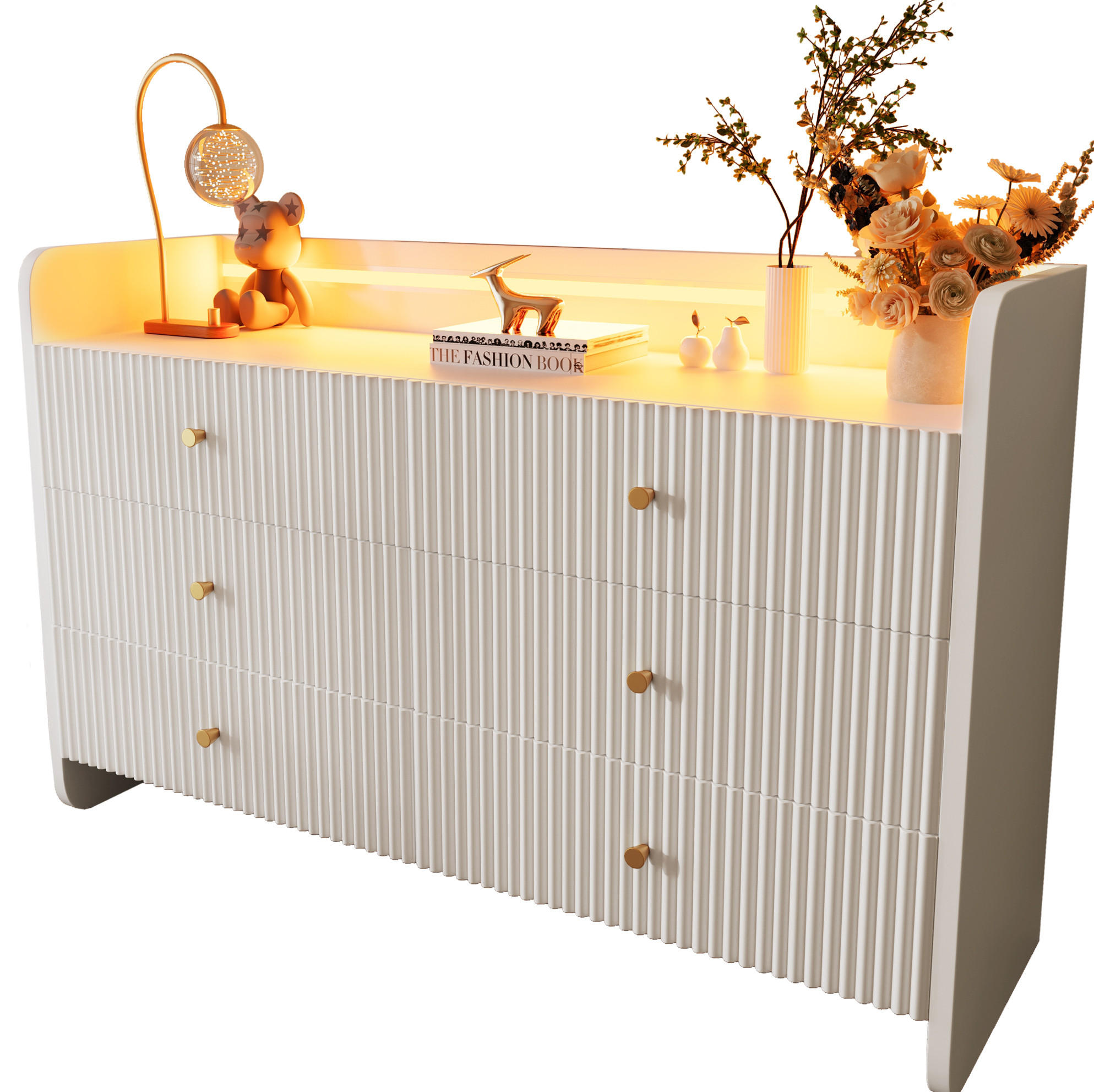 Modfu KOMODA z dřevotřísky 120x40x75 cm bílá s LED osvětlením, 6 zásuvkami a vlnitým 3D dekorem
