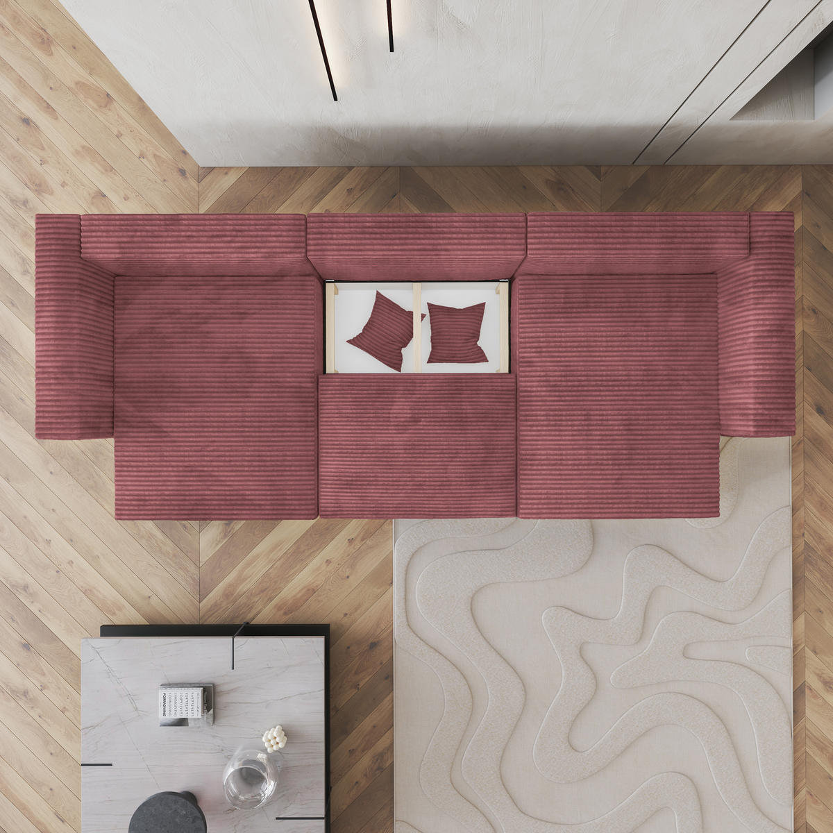 WOHNLANDSCHAFT SARMO Rosa Kordstoff mit Schlaffunktion - Rosa, Holz (347/90/148cm) - MASSENO