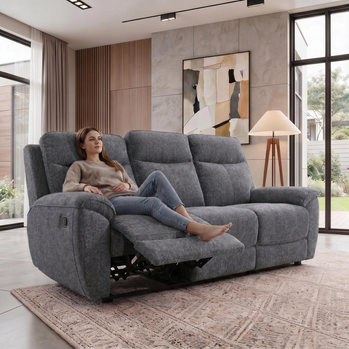 3-SITZER-RELAXSOFA Dolce, mit Relaxfunktion, 215 cm, Dunkelgrau, Chenille - Schieferfarben, Textil (215/106/100cm) - Beautysofa