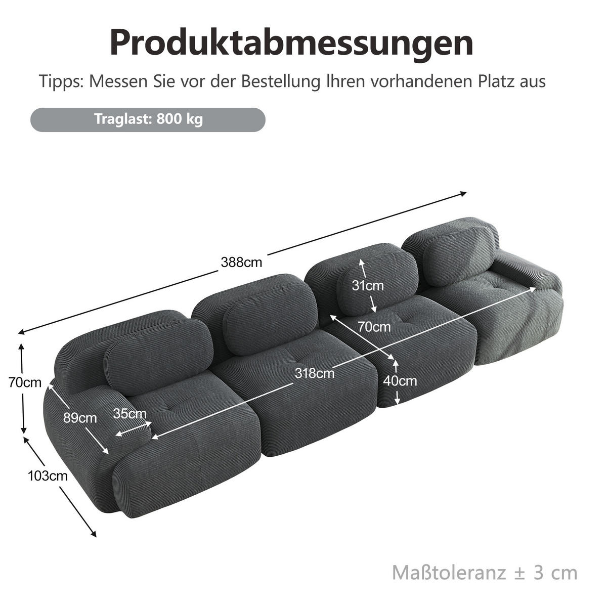 4-SITZER-SOFA DE-34025 modular mit Armlehnen Grau - Grau, Textil (103/75/388cm) - ComfortXL