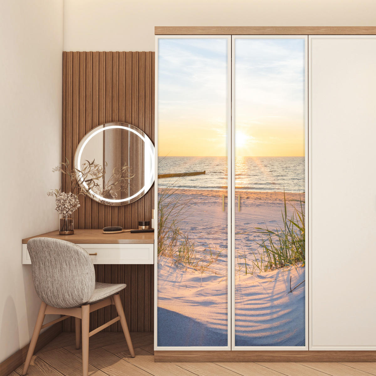 TÜRAUFKLEBER Selbstklebend - Strand - Sonne - Düne - Gras - Sand - Horizont 95x215 cm - Türtapete - Dunkelgelb, Kunststoff (95/0.1cm) - MuchoWow
