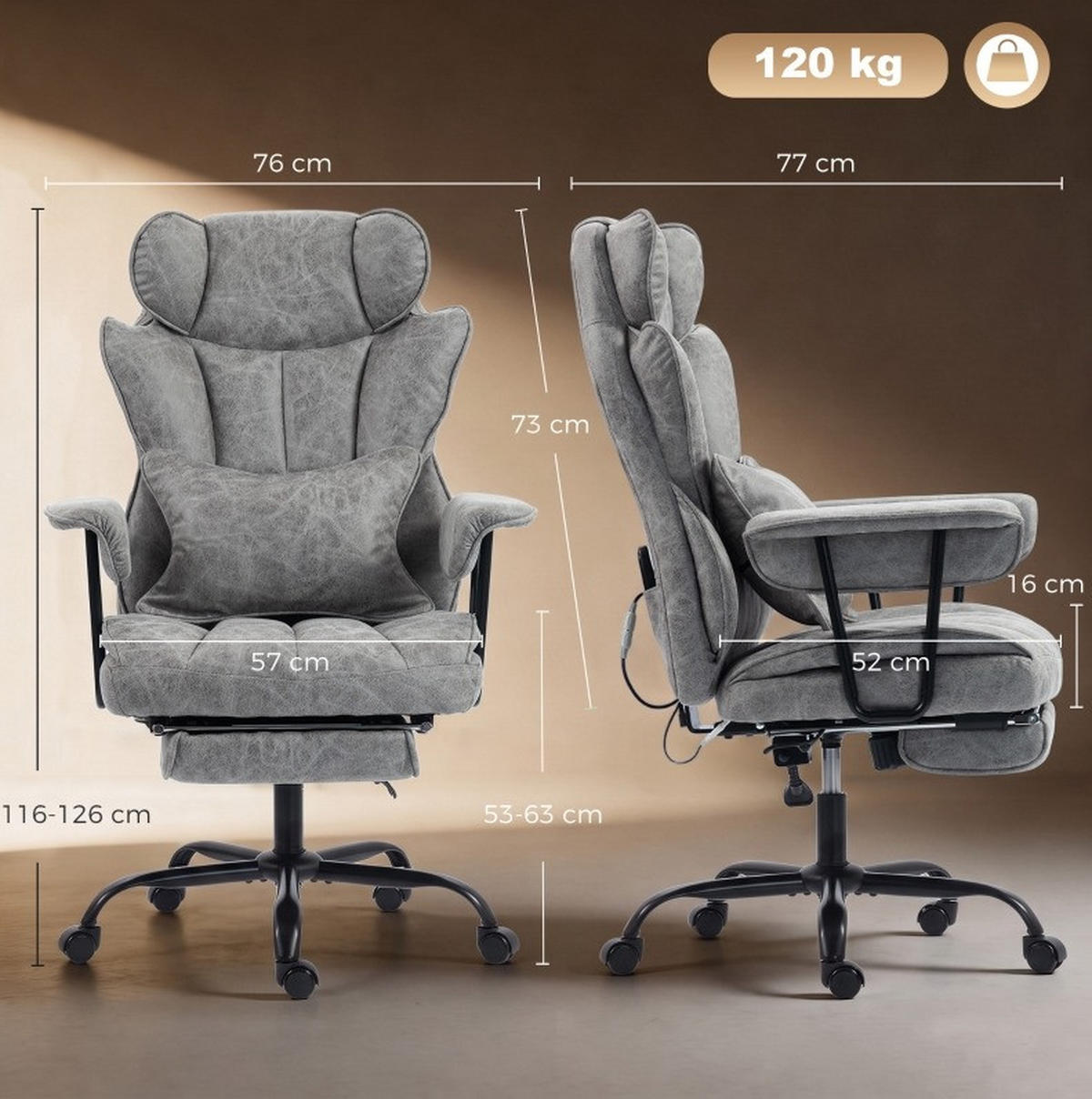 BÜROSTUHL in Grau 77x76x126 cm mit Massage, Wärmefunktion und ausziehbarer Fußstütze - Grau, Kunststoff (76/126/77cm) - IVMEU