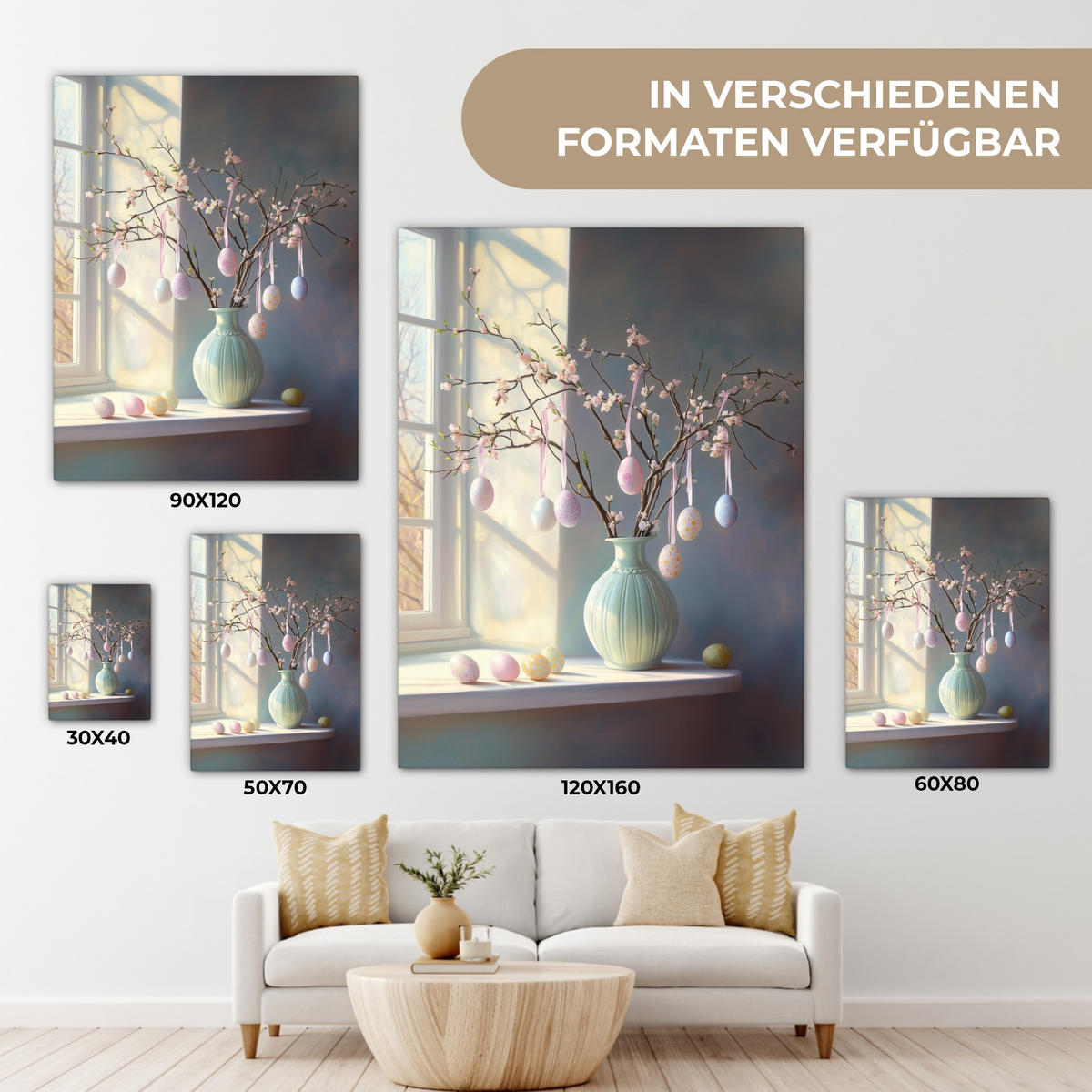 LEINWANDBILD Stillleben - Vase - Osterzweig Wandbild Wohnzimmer 60x80 cm - Hellblau, Textil (60/80cm) - MuchoWow