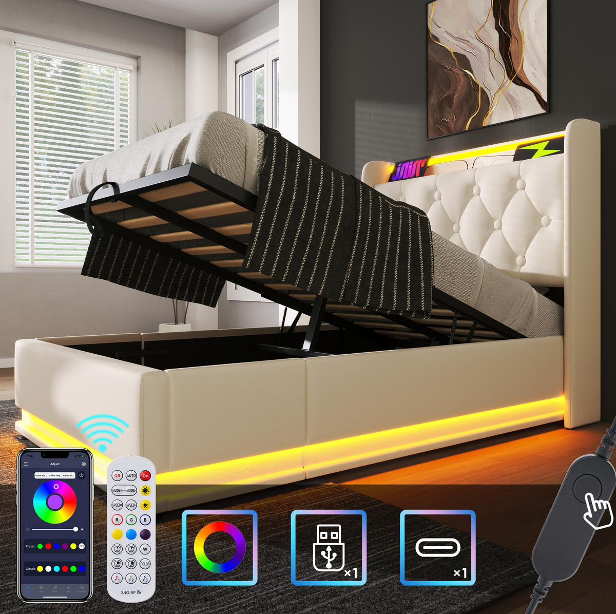 POLSTERBETT 90/200 cm weiß aus PU mit LED und Bettkasten - Weiß, Kunststoff (90/200cm) - OKMYHOME