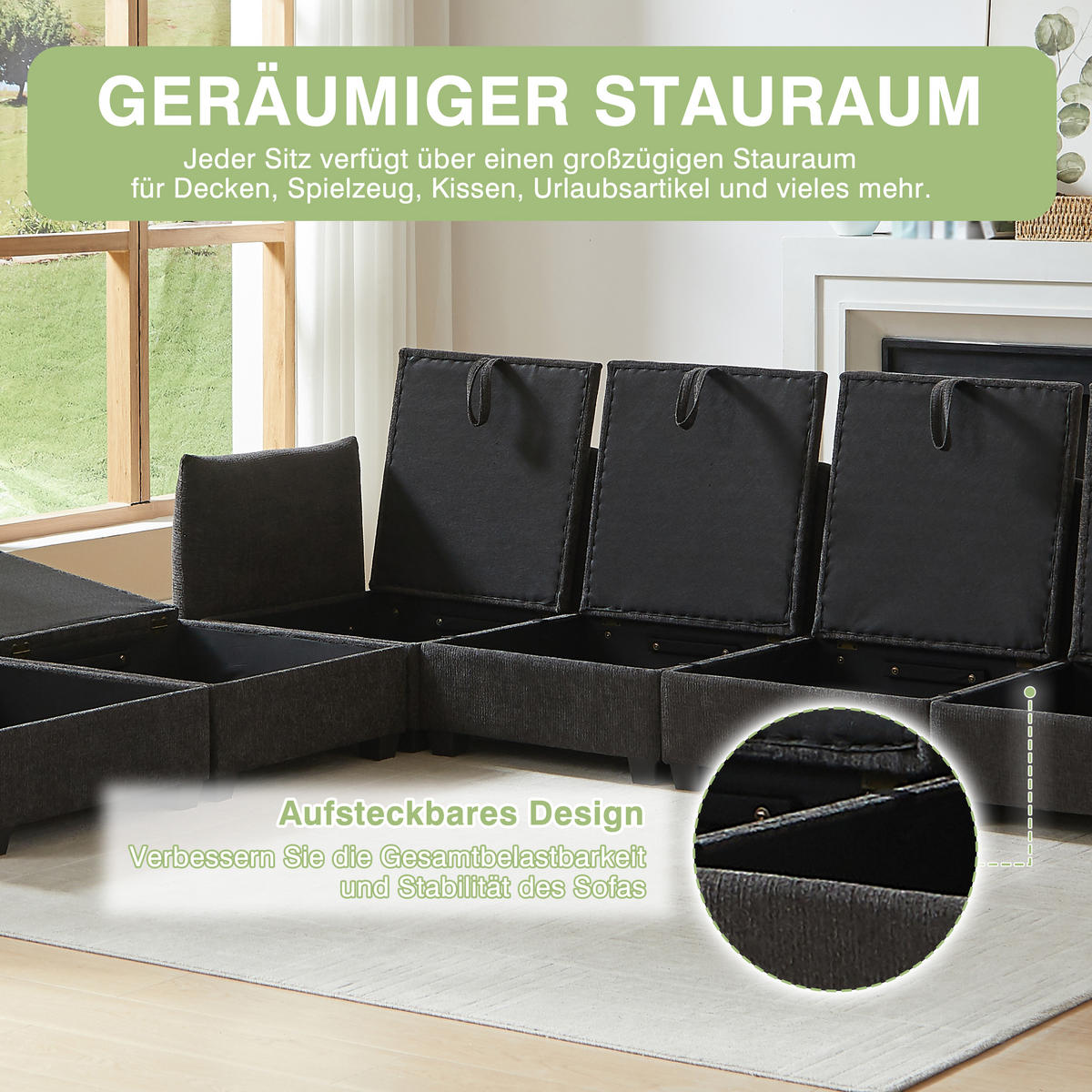 WOHNLANDSCHAFT 281/147/89 cm Grau mit 2 Fußhocker - Grau, Textil (281/89/147cm) - Oxeza
