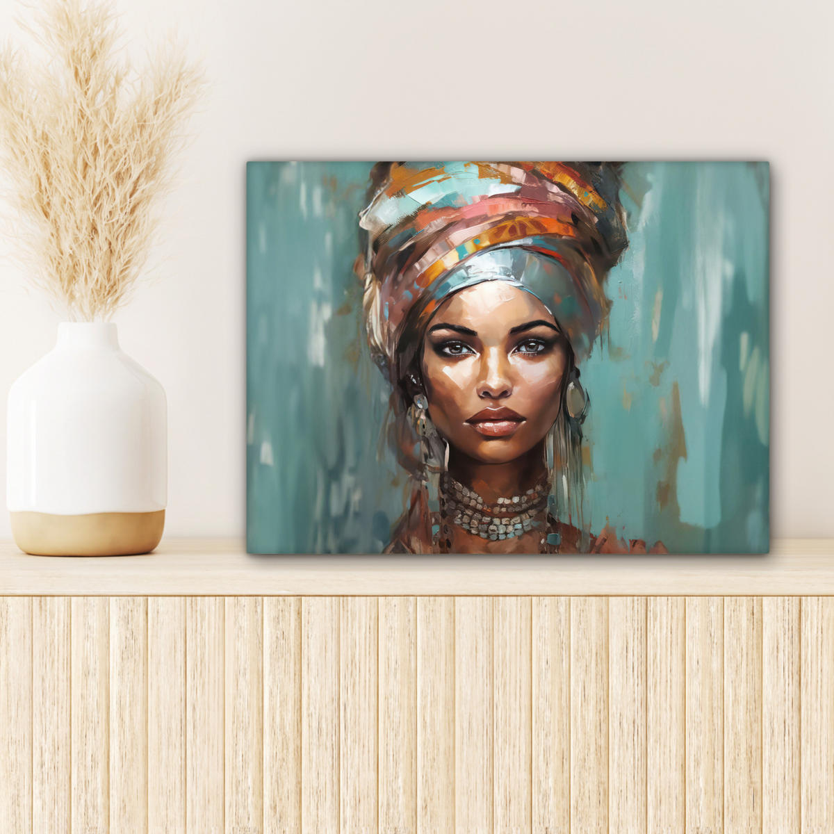 LEINWANDBILD Frau - Kunst - Schmuck - Porträt 40x30 cm - Blaugrau, Textil (40/30cm) - MuchoWow