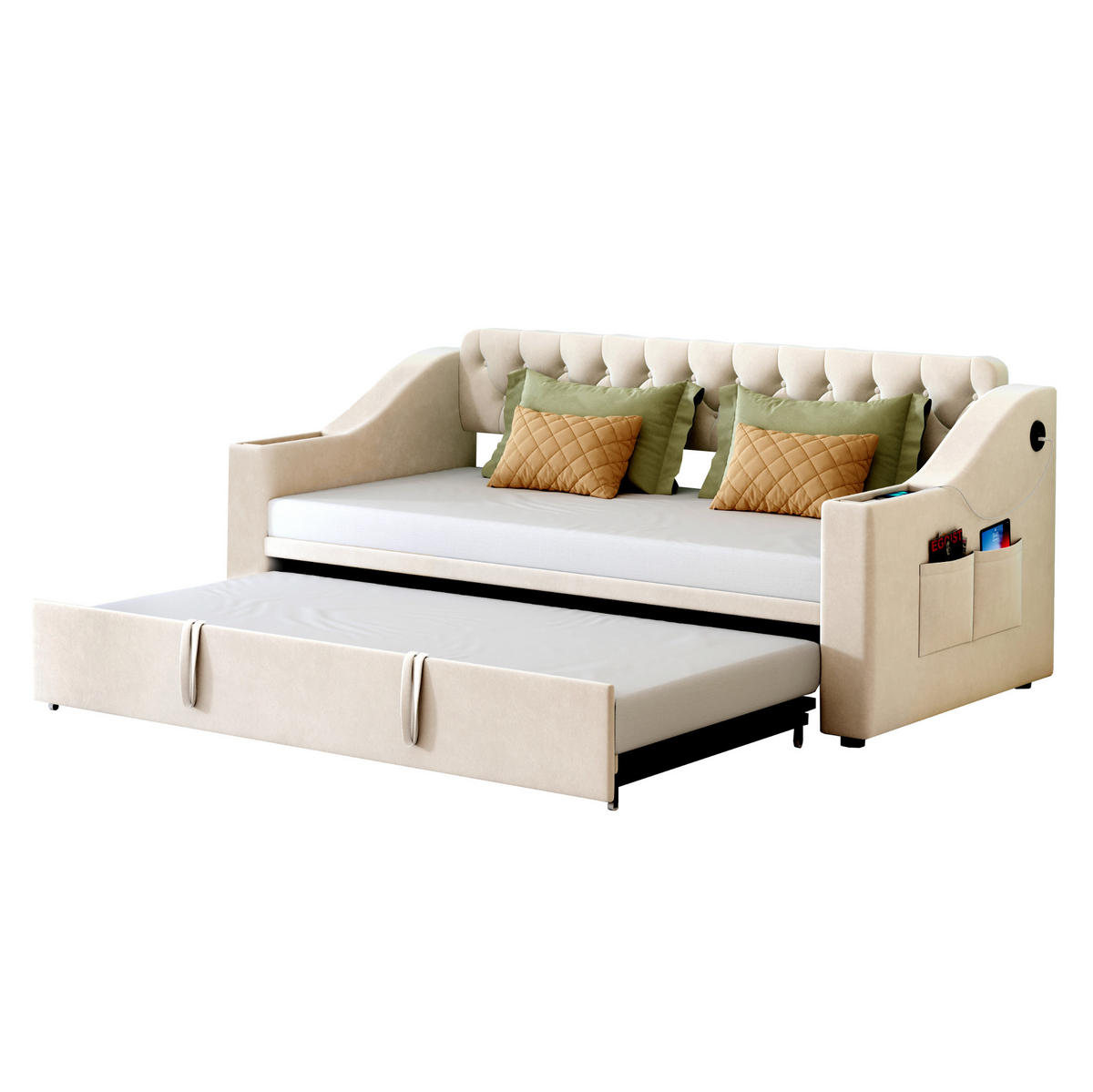 BETT aus Samtstoff 90x190/180x190 cm Beige mit USB- und Type-C-Anschluss, Stauraum und Auszugsfunktion - Beige, Textil (90/180cm) - Modfu