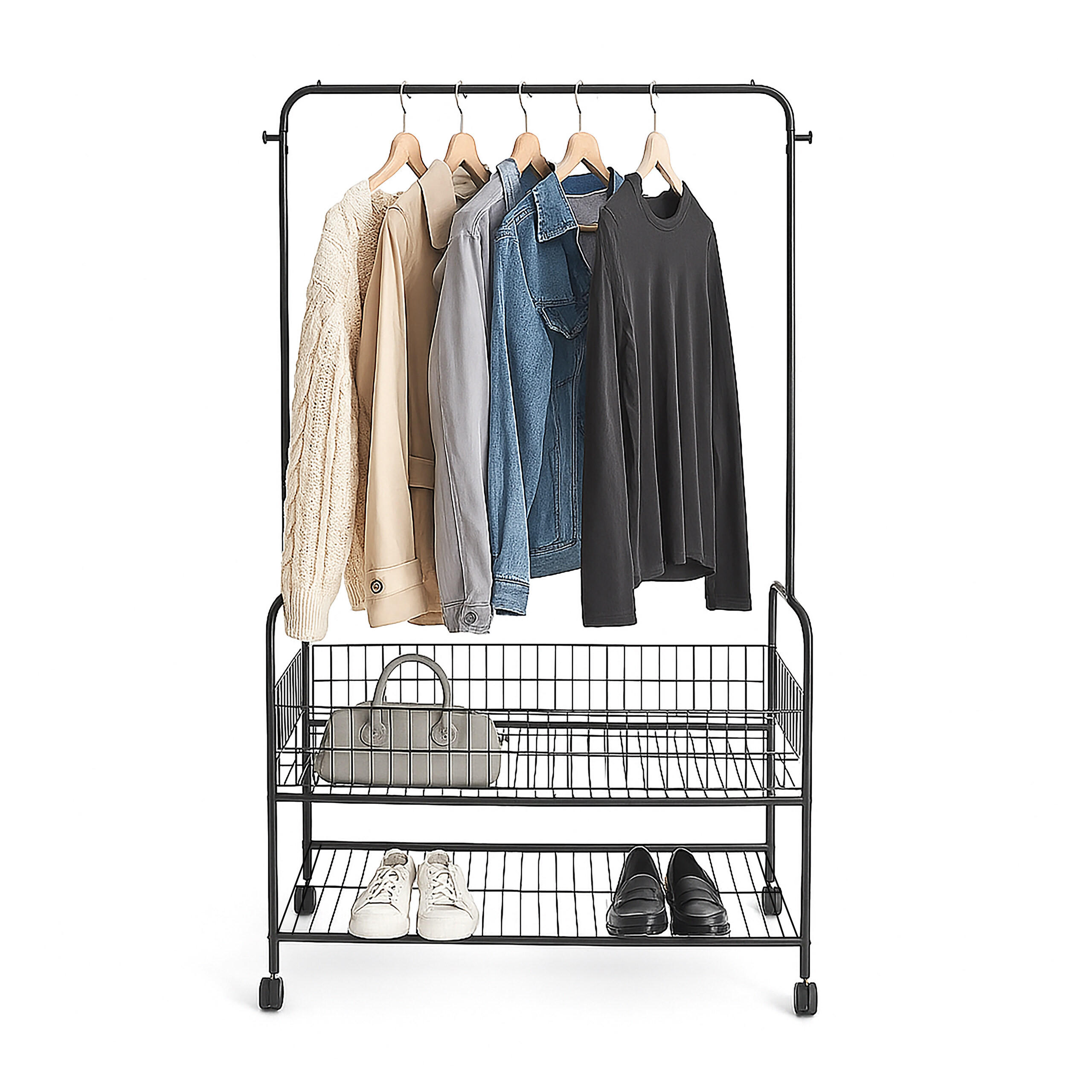 KLÄDSTÄLLNING Svart med hjul 2 hyllor metall 165 cm 165/90/30 cm
