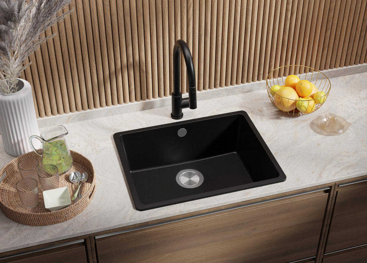 SPÜLBECKEN Venedig Slim Easy, 2-er set Alles Schwarz 56/44 cm 1 Becken + Ablauf-Set ab 60er Unterschrank - Schwarz, Kunststoff (56/20/44cm) - Primagran