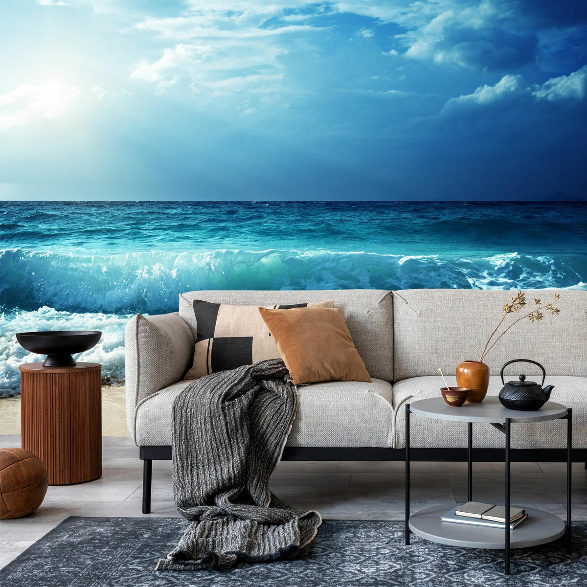 FOTOTAPETE Strand Meer Wellen Landschaft 3D 180x120cm - Blau/Beige, Papier (180/120cm) - Muralo