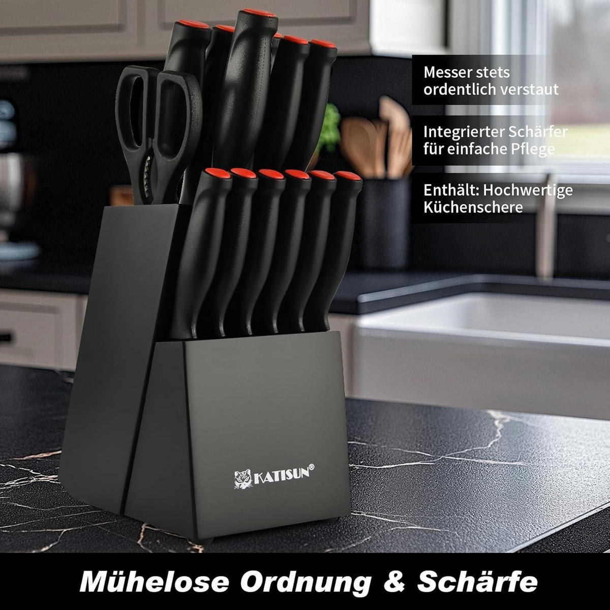 KÜCHENMESSERSET 15-teiliges Set mit integriertem Schärfer und Titannitrid-Beschichtung - Multicolor, Metall
