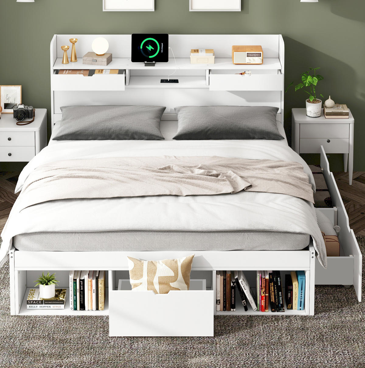 JUGENDBETT 140/190 cm mit USB, Typ-C, Schubladen und Stauraum, Weiß - Weiß, Holzwerkstoff (140/190cm) - Redom