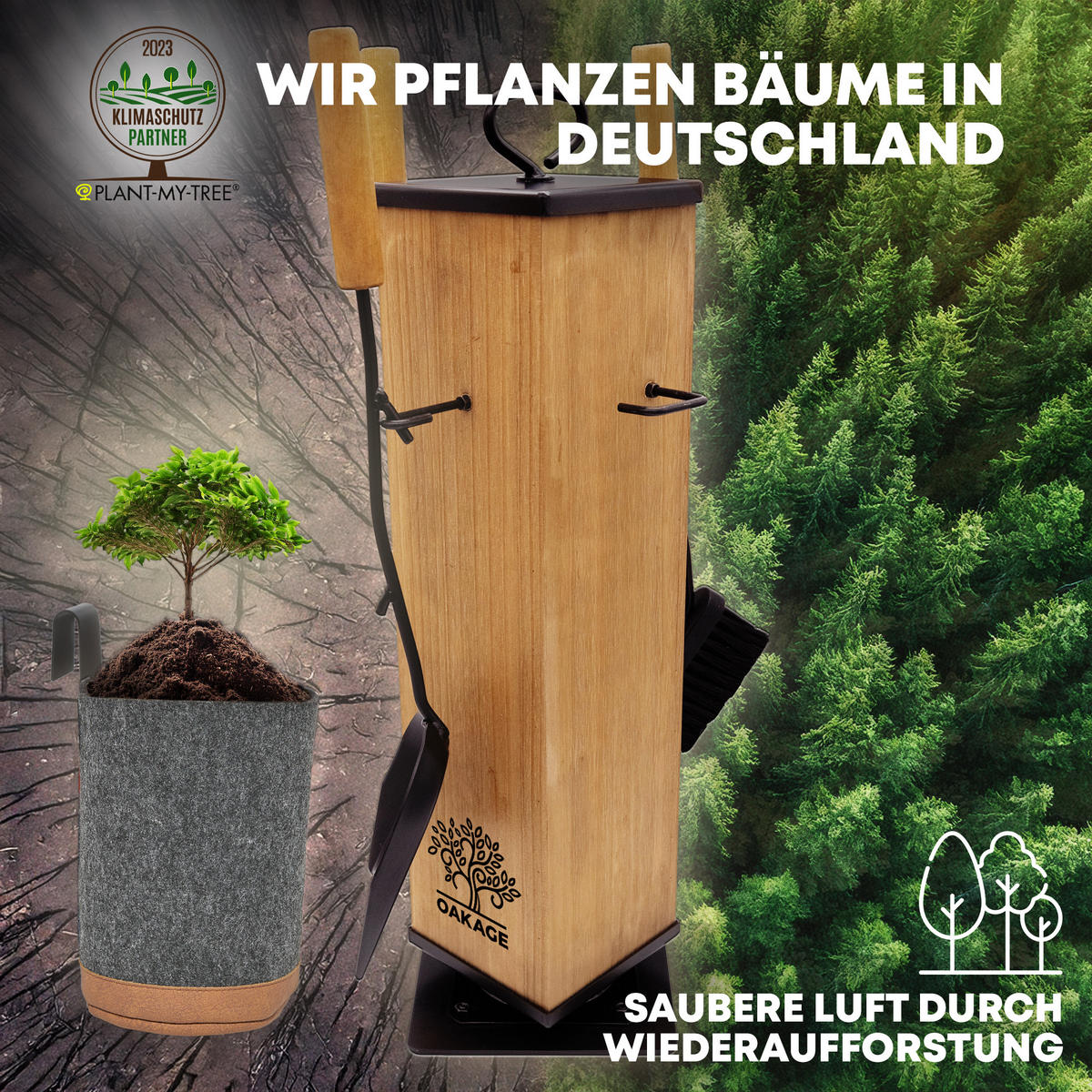 KAMINBESTECK FireMaster mit Zündholzkorb aus Filz - Dunkelgrau, Holz/Kunststoff (18/58/18cm) - OAKAGE