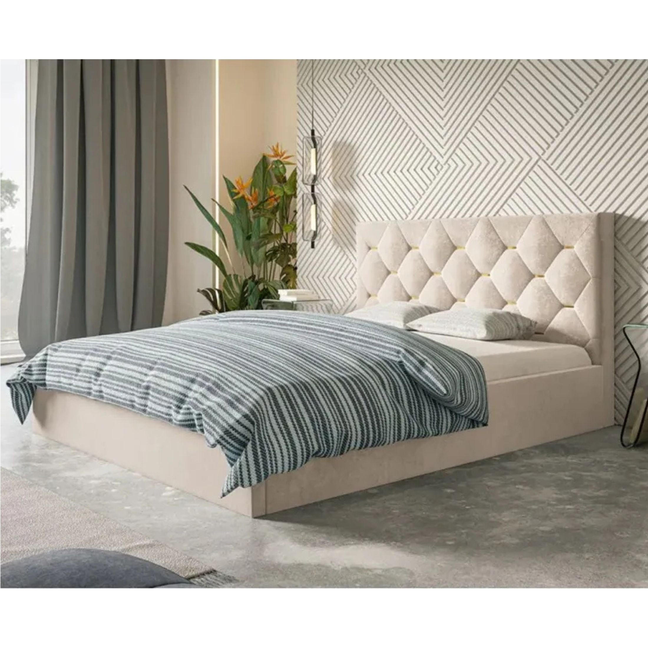 POLSTERBETT SIM 4 mit Kopfteil, 120 x 200 cm mit Bettkasten und Lattenrost aus Holz, Velourstoff, Farbe: Beige - Beige, Holz/Kunststoff (120/200cm) - Sepro Meble