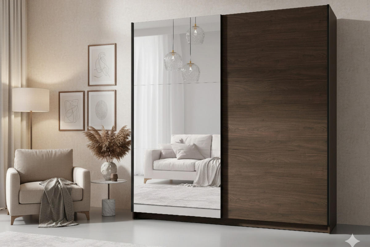 SCHWEBETÜRENSCHRANK ARLO I 200/207 cm in Nussbaum mit Spiegel - Nussbaumfarben, Holzwerkstoff (201/59/207cm) - Deine Möbel 24