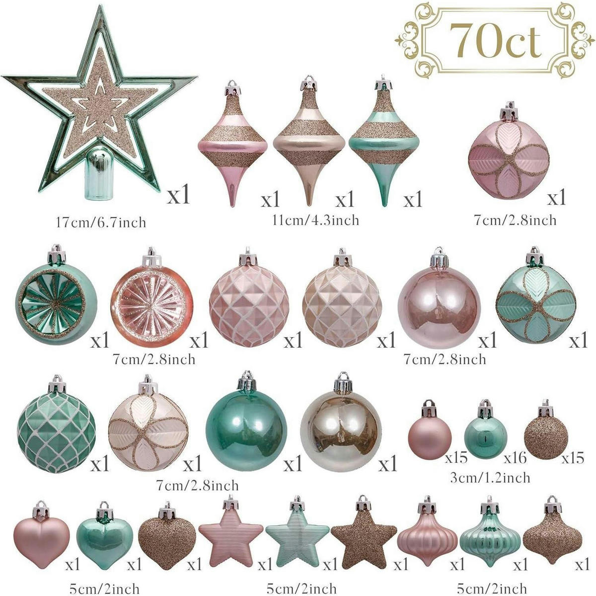 WEIHNACHTSBAUMSCHMUCK Set 70-teilig Mintgrün Rosa Gold - Multicolor, Kunststoff (30/6/42cm)