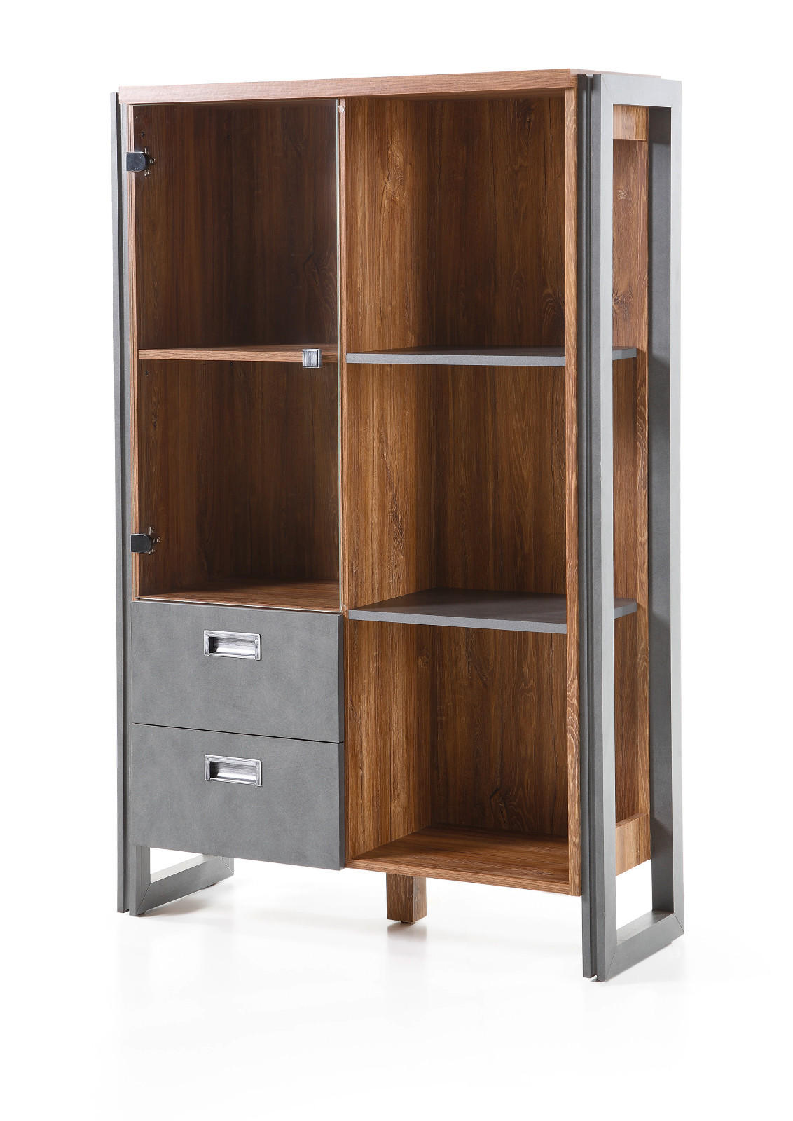 HIGHBOARD Eiche Stirling, Matera grau, Vitrine 90 x 140 cm - Eichefarben/Grau, Holzwerkstoff/Metall (90/140/33cm)