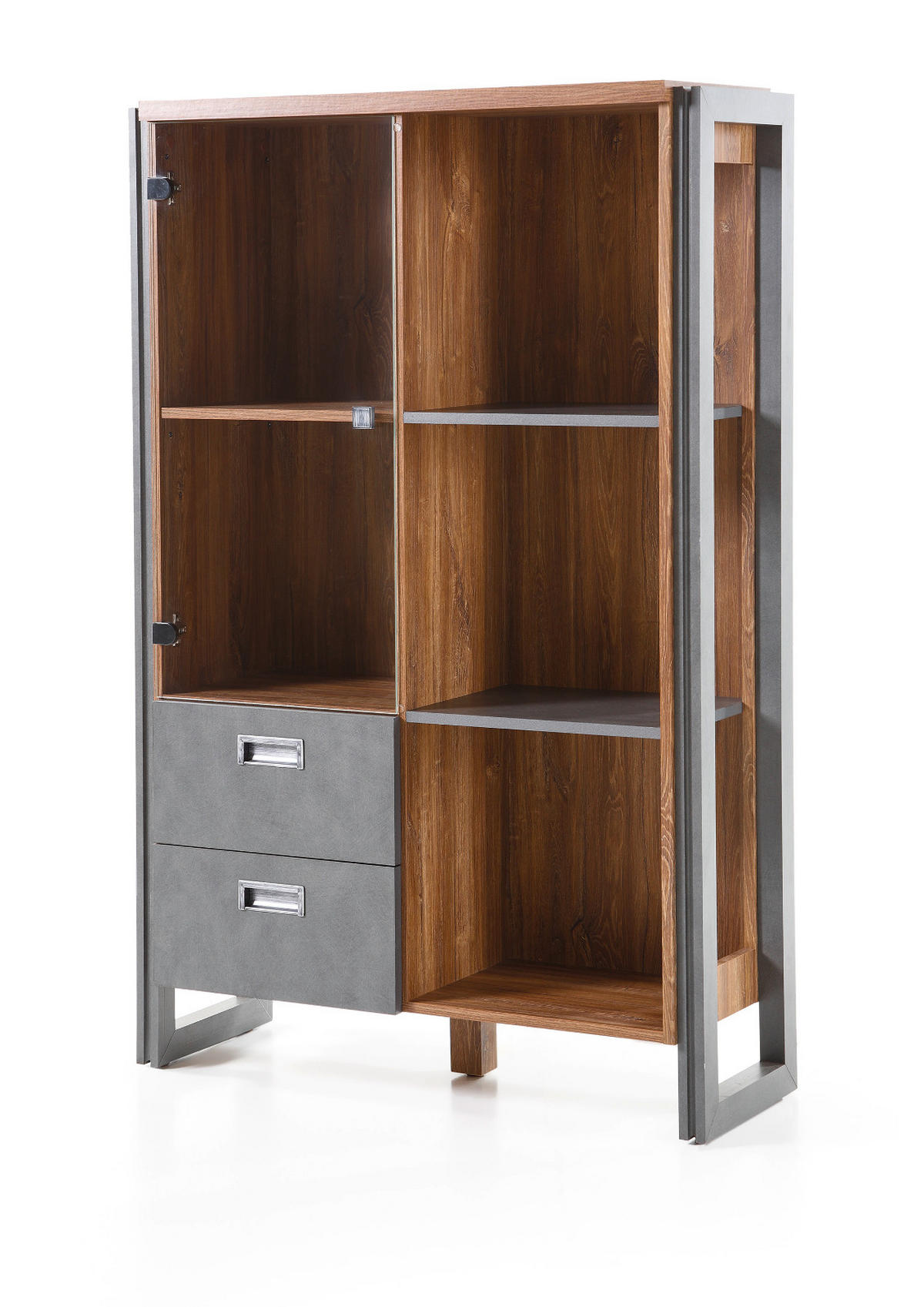 HIGHBOARD Eiche Stirling, Matera grau, Vitrine 90 x 140 cm - Eichefarben/Grau, Holzwerkstoff/Metall (90/140/33cm)