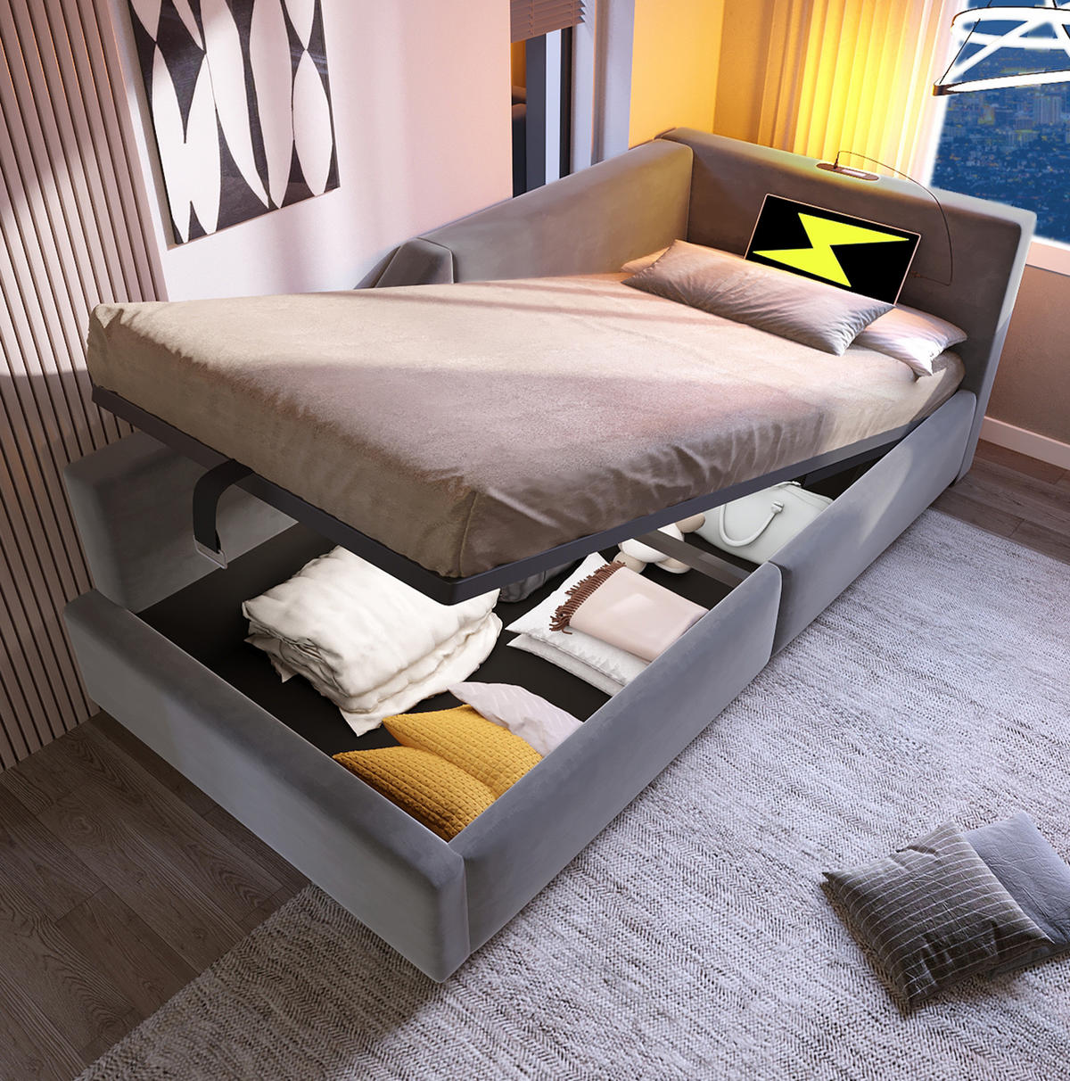 TAGESBETT 90/190 cm Grau mit hydraulischem Stauraum und USB-C-Ladefunktion - Grau, Textil (90/190cm) - OKWISH