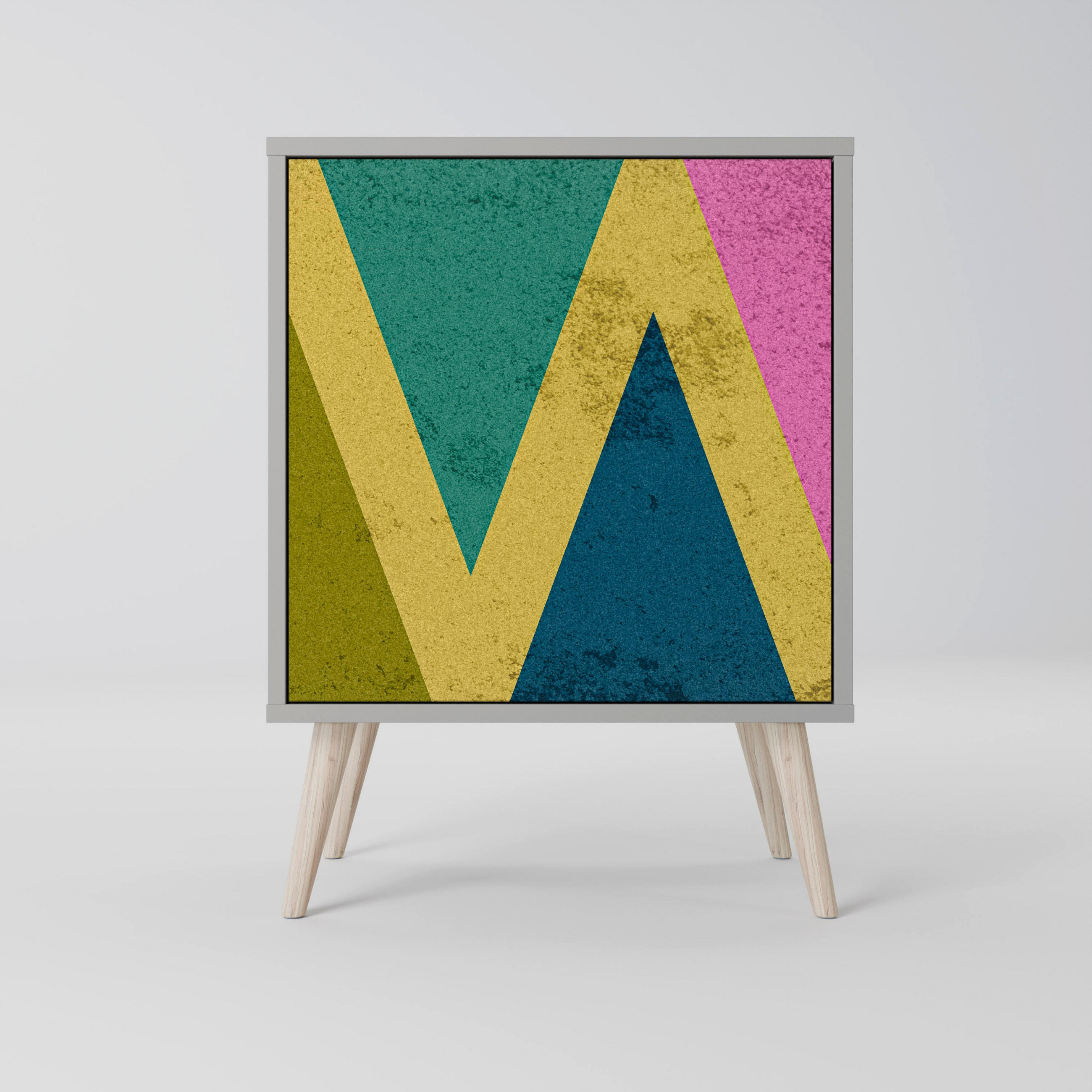SIDEBOARD COLORFUL TRIANGLES, Grau, 57,5x42x77,5 cm, Schräge Buchenholzfüße - Buchefarben/Multicolor, Holzwerkstoff/Buchenholz (57.5/77.5/42cm) - SpaceRebels