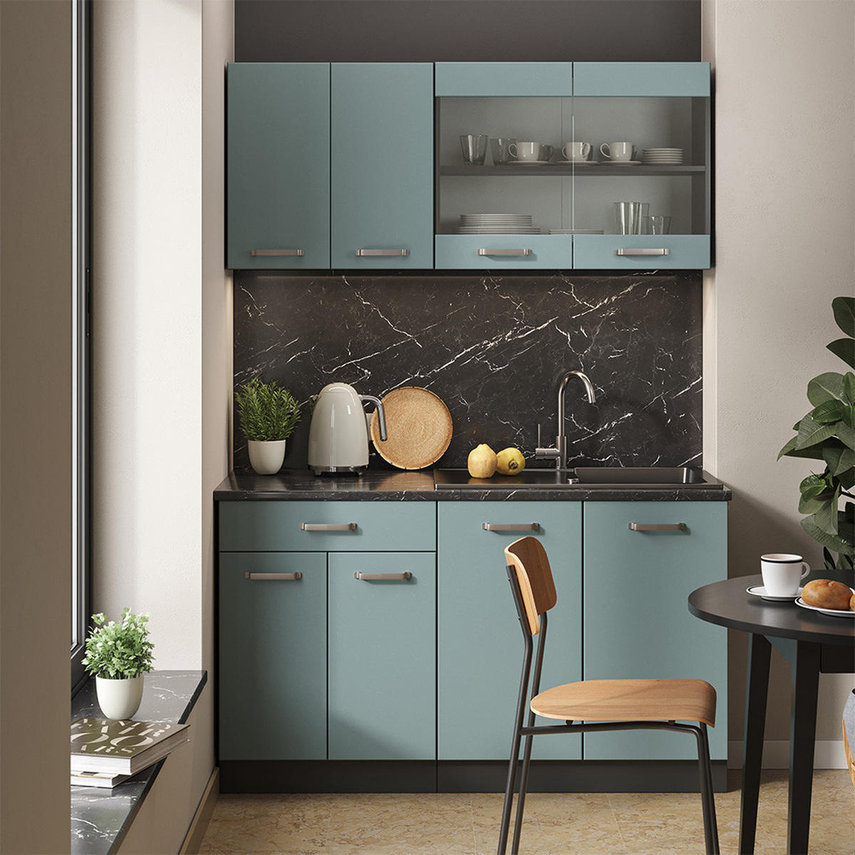 SINGLEKÜCHE R-Line Blau-Grau/Anthrazit 140 cm, AP Anthrazit - Anthrazit/Blaugrau, Holzwerkstoff (140/81.6/60cm) - Vicco