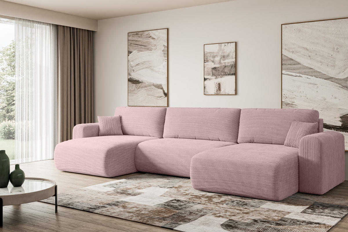 WOHNLANDSCHAFT mit Schlaffunktion und Bettkasten ORRO-U - 362x145x83 cm Rosa Cord - Schwarz/Rosa, Holzwerkstoff/Kunststoff (362/83/145cm) - ALTDECOR