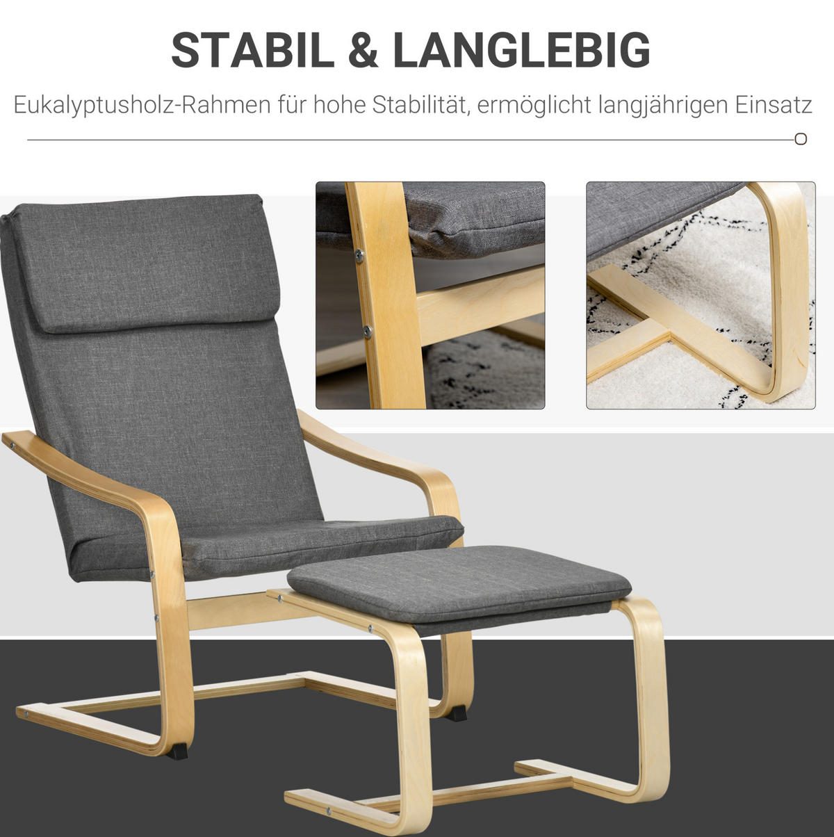 RELAXSESSELSET mit Hocker 66,5/80/99 cm in Grau mit Leinenoptik und Holzgestell - Grau, Textil (80/99/66.5cm) - Flora Grace