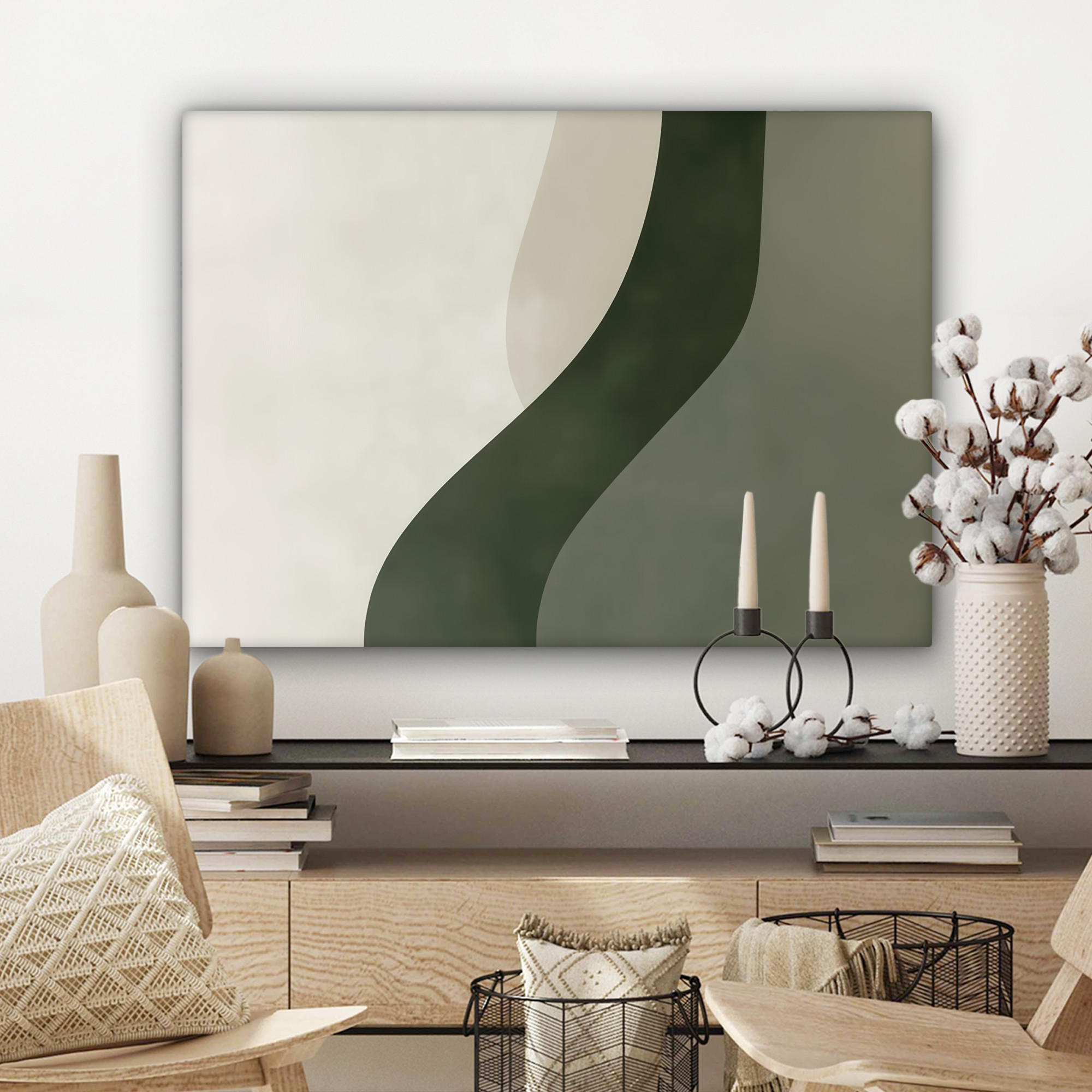 LEINWANDBILD Japandi - Grün - Abstrakt - Modern Wandbilder 80x60 cm - Salbeigrün, Textil (80/60cm) - MuchoWow