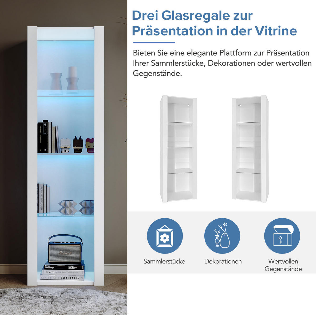 VITRINE aus Spanplatte 55x38x166 cm Weiß mit LED-Beleuchtung, 3 Glasböden und Hochglanzfront - Weiß, Holzwerkstoff (55/166/38cm) - Modfu
