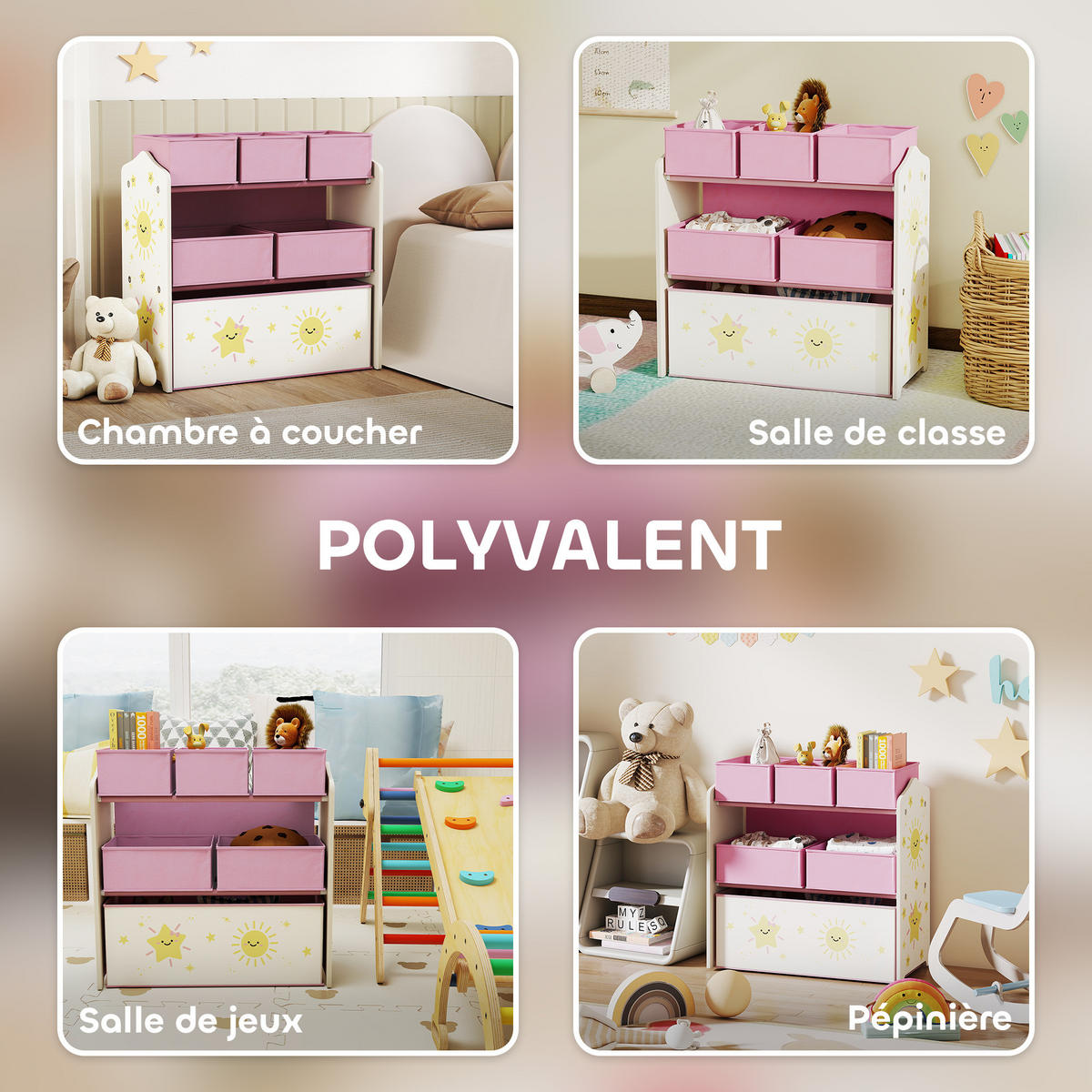 KINDERREGAL DE-17259 3 Ebenen & 6 herausnehmbare Stoffboxen Rosa - Pink, Holzwerkstoff (63/66/30cm) - ComfortXL