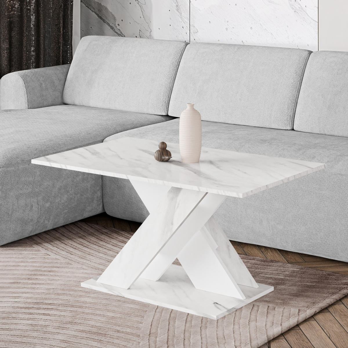COUCHTISCH 110 cm Weiß Marmor-Optik - Weiß Hochglanz, Holzwerkstoff (60/110/55cm) - Home Collective