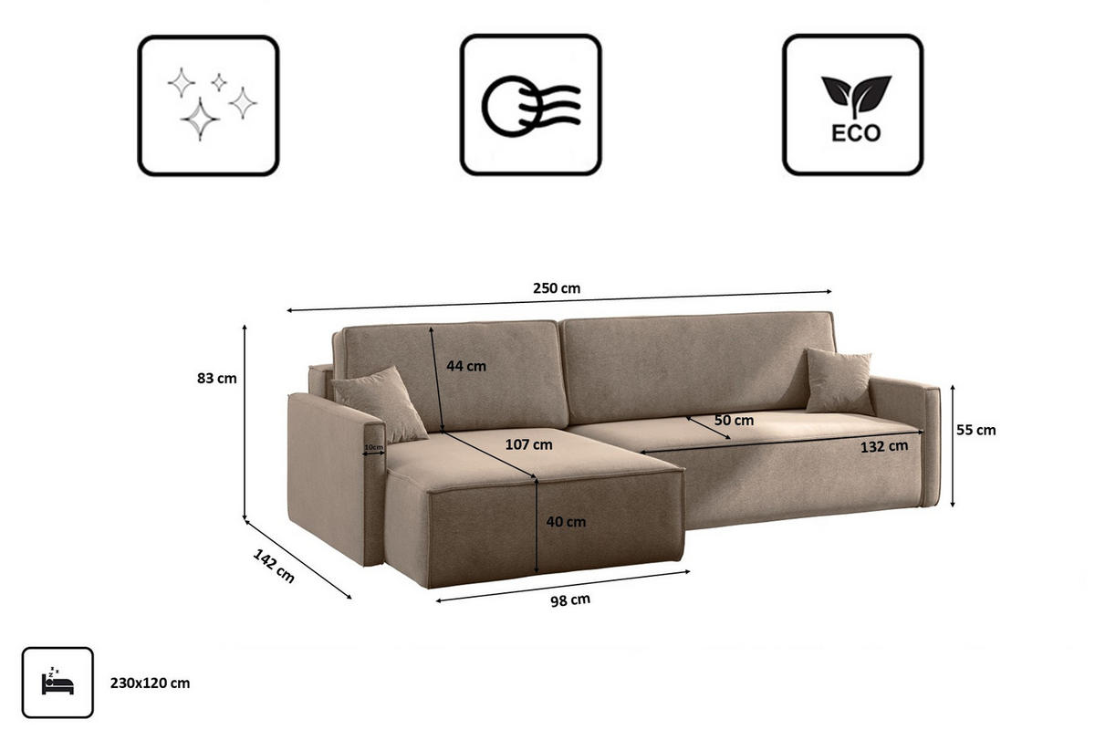 SCHLAFSOFA Carlos L-Form, Ecksofa Mit Bettkasten Und Schlaffunktion Stoff Salvador Links Dunkelbeige - Sandfarben, Holz/Textil (142/83/250cm) - Kaiser Möbel