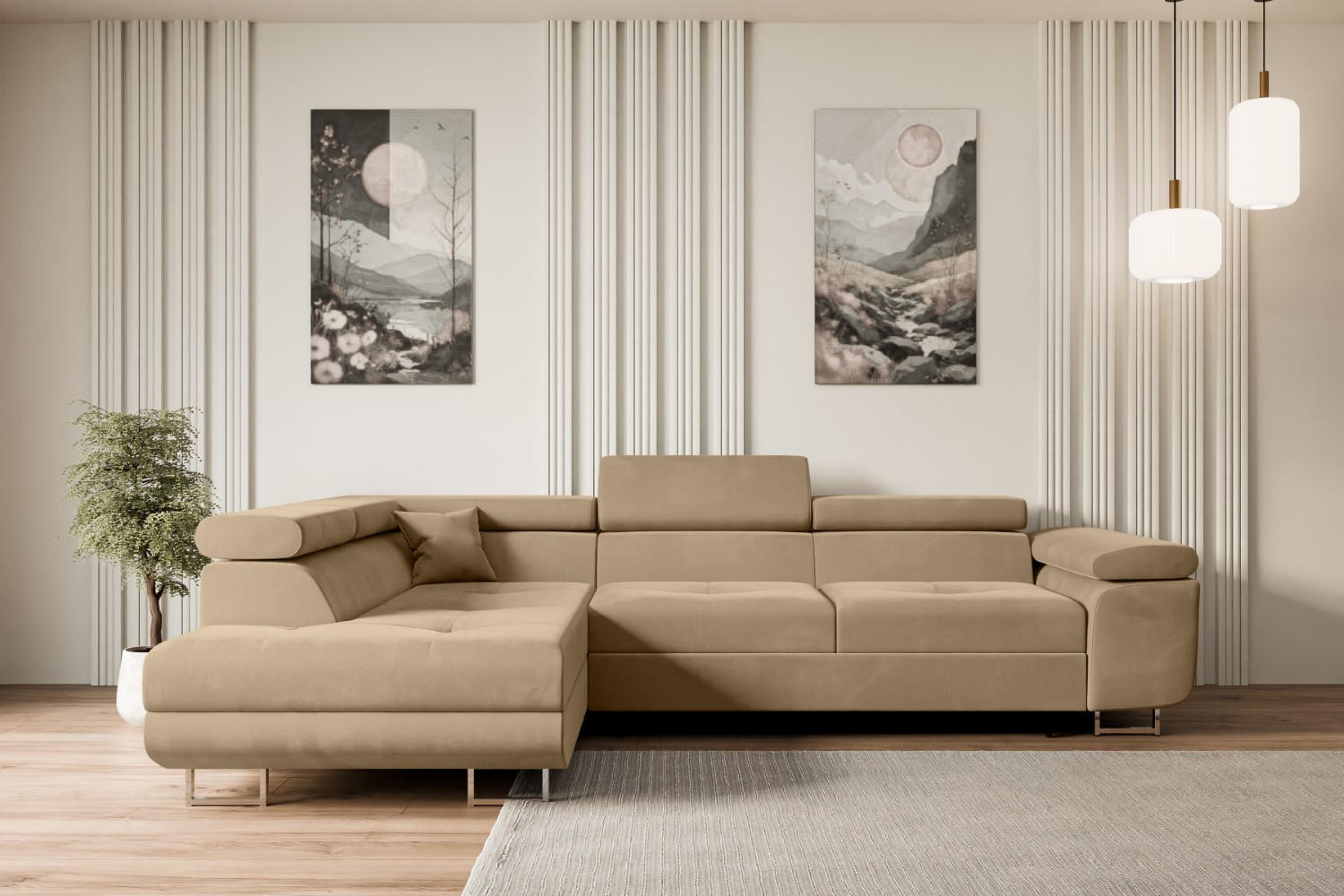 ECKSOFA mit Schlaffunktion und Bettkasten GUSA-L 272x202x107 cm Beige Velours - Beige/Silberfarben, Holzwerkstoff/Textil (202/272cm) - ALTDECOR