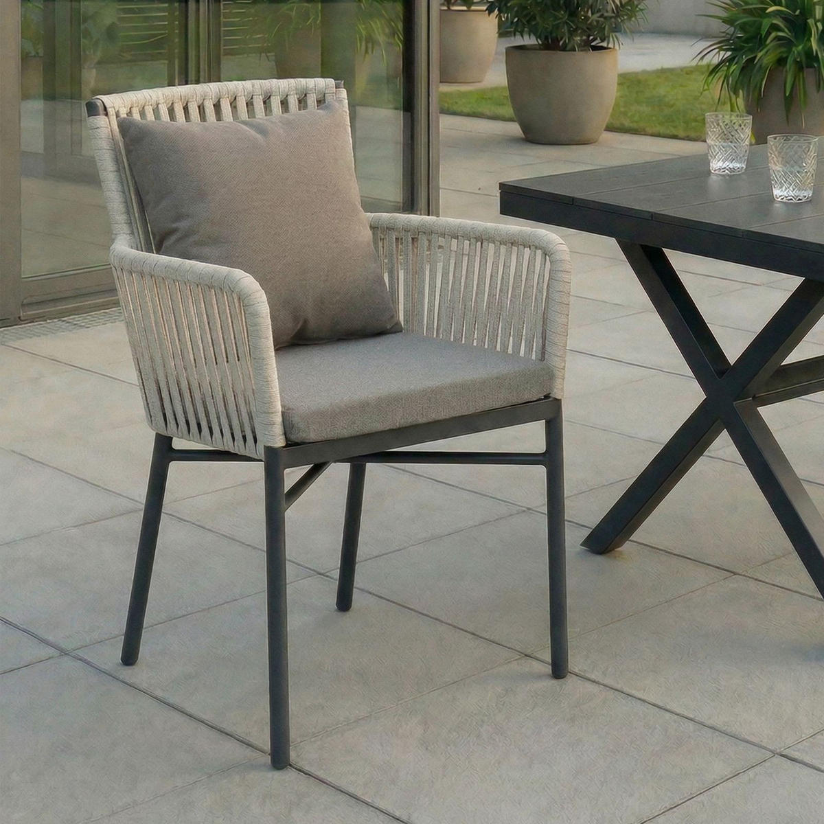 GARTENSTÜHLE AFUERA 6er-Set grau, cremeweiß - Grau, Textil/Metall (56/85/59cm) - IDIMEX