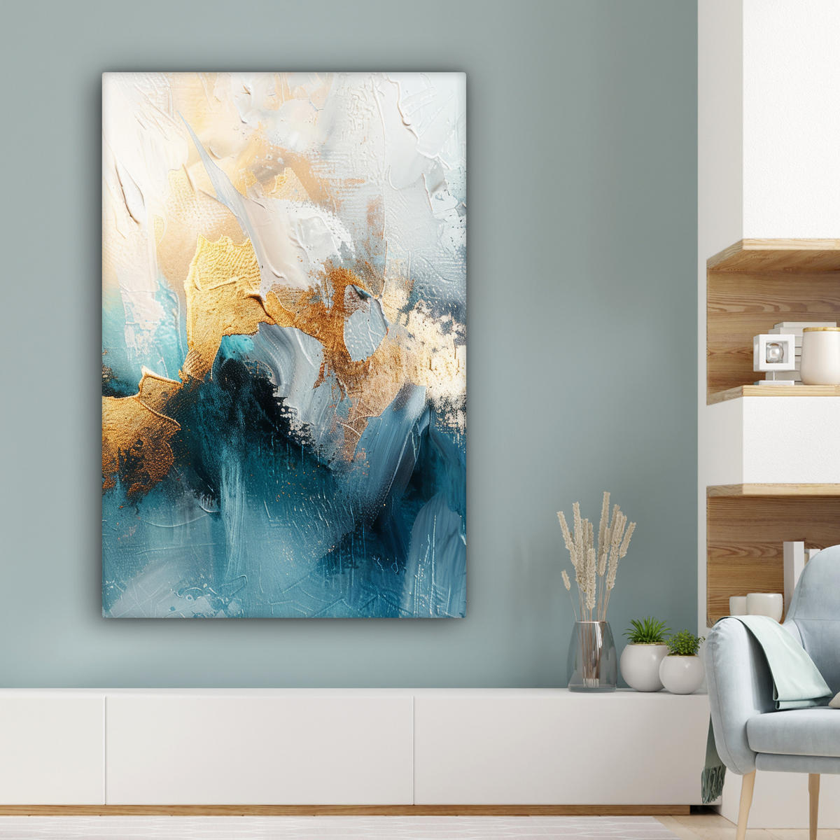 LEINWANDBILD Abstrakt - Kunst - Gold - Blau Deko Groß 90x140 cm - Petrol, Textil (90/140cm) - MuchoWow