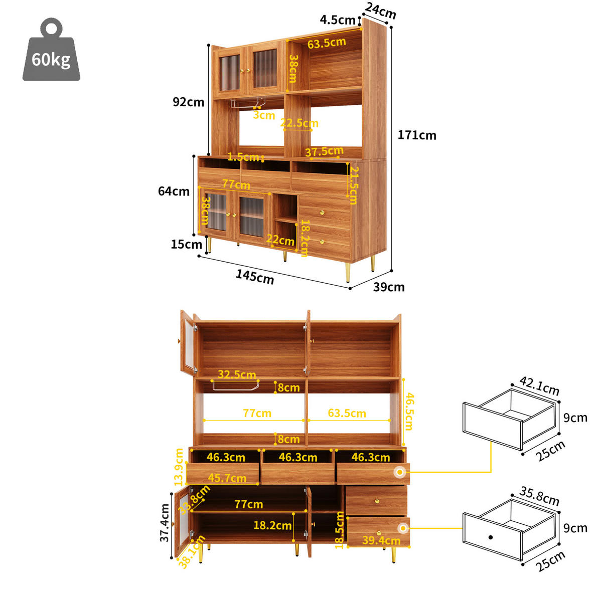 HOCHSCHRANK aus MDF in Walnussbraun mit Changhong-Glastür und Weinregal, 145/39/171 cm, Walnussbraun - Walnussfarben, Holzwerkstoff (39/171/145cm) - Redom