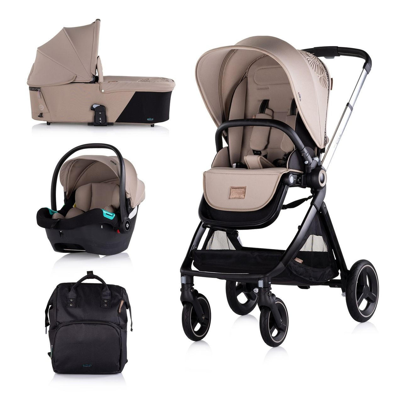 KINDERWAGEN Elite 3 in 1 braun i-Size Babyschale Sportsitz Babywanne Tasche - Braun, Metall (75/58/111cm) - Chipolino