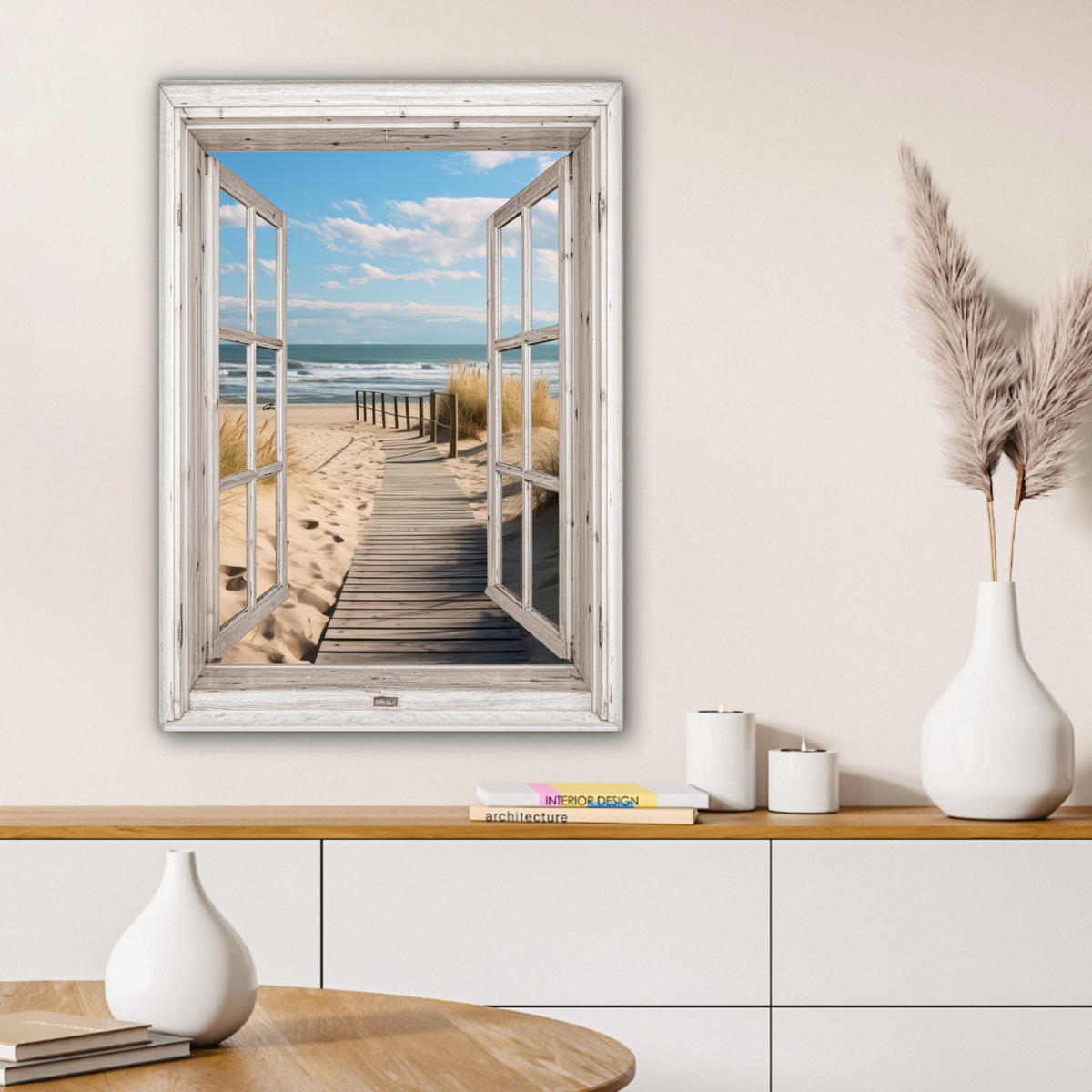 LEINWANDBILD Fenster - Meer - Küste - Natur - Ausblick - Strand - Wattenmeer Wandbild Wohnzimmer 60x80 cm - Beige, Textil (60/80cm) - MuchoWow