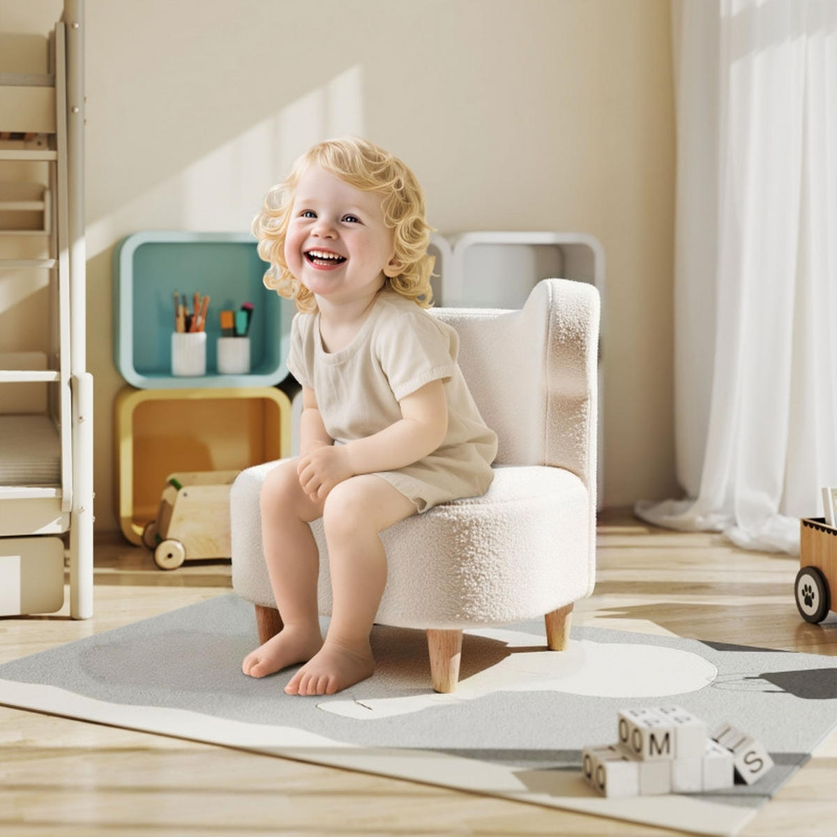 KINDERSESSEL, Plüschsessel mit Bärenohren, Fleece-Bezug, Schaumstoff, Beige - Beige, Holz (43/53/47cm) - BursDany