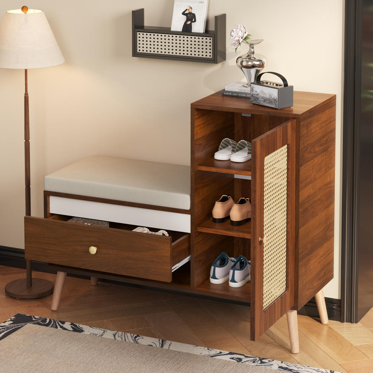 SCHUHSCHRANK in Schuhkommode mit Sitzpolster, Schubladen, offenen Fächern und Schranktür für Flur , B95.5/T35/H80.5cm - Nussbaumfarben, Holzwerkstoff/Metall (95.5/80.5/35cm) - STILVORA