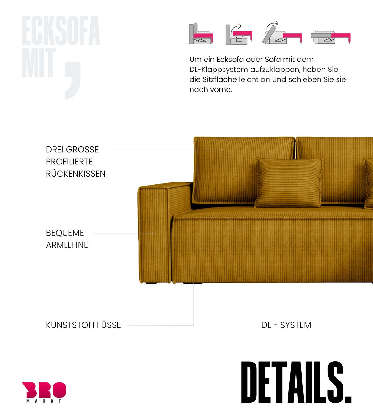 ECKSOFA Dexter mit Schlaffunktion Gelb Cord - Gelb, Textil (238/141cm) - Bromarkt