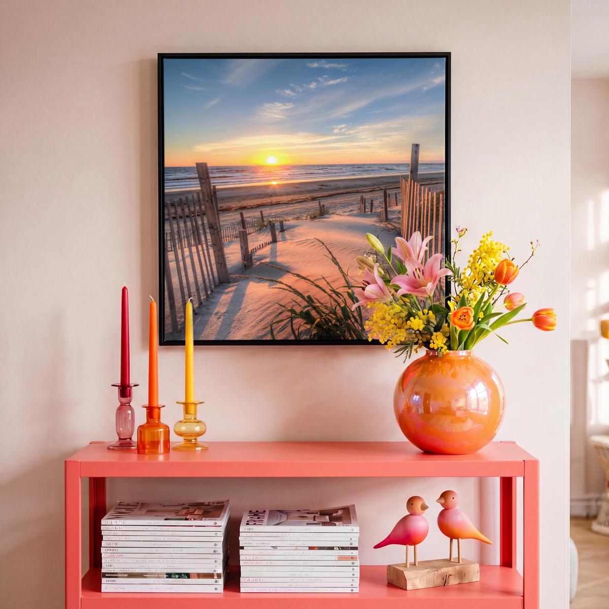 LEINWAND Bilder mit Rahmen - Strand - Meer - Düne - Sonnenuntergang - Landschaft - 50x50 - Beige, Textil (50/50cm) - MuchoWow