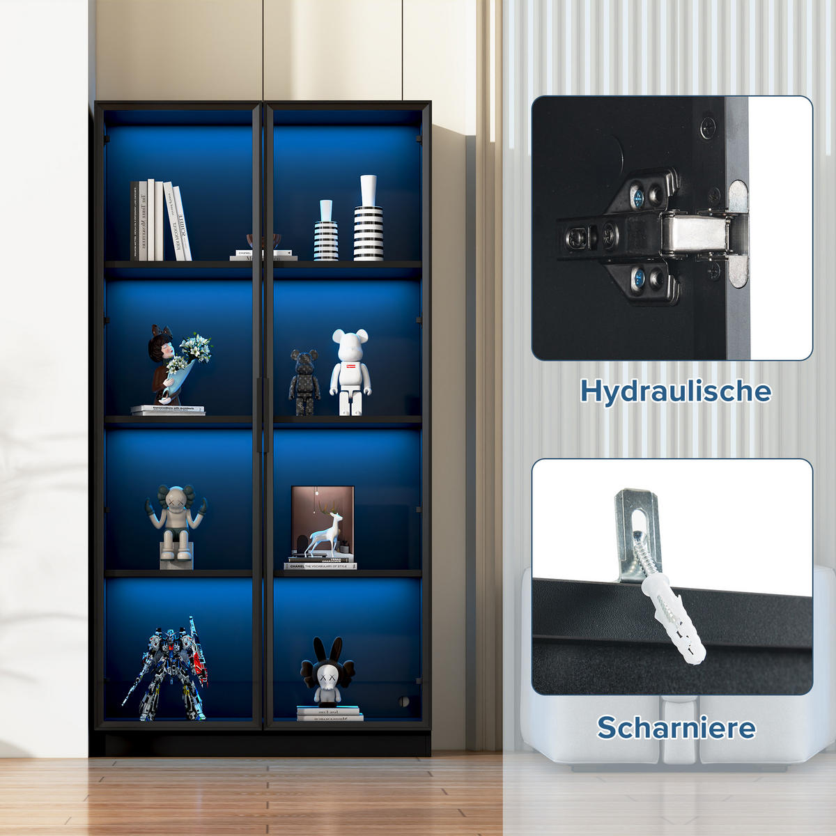 BUFFET LED Glas 4 Türen Vitrine Schwarz - Schwarz, Holzwerkstoff (160/160/40cm) - FLIEKS