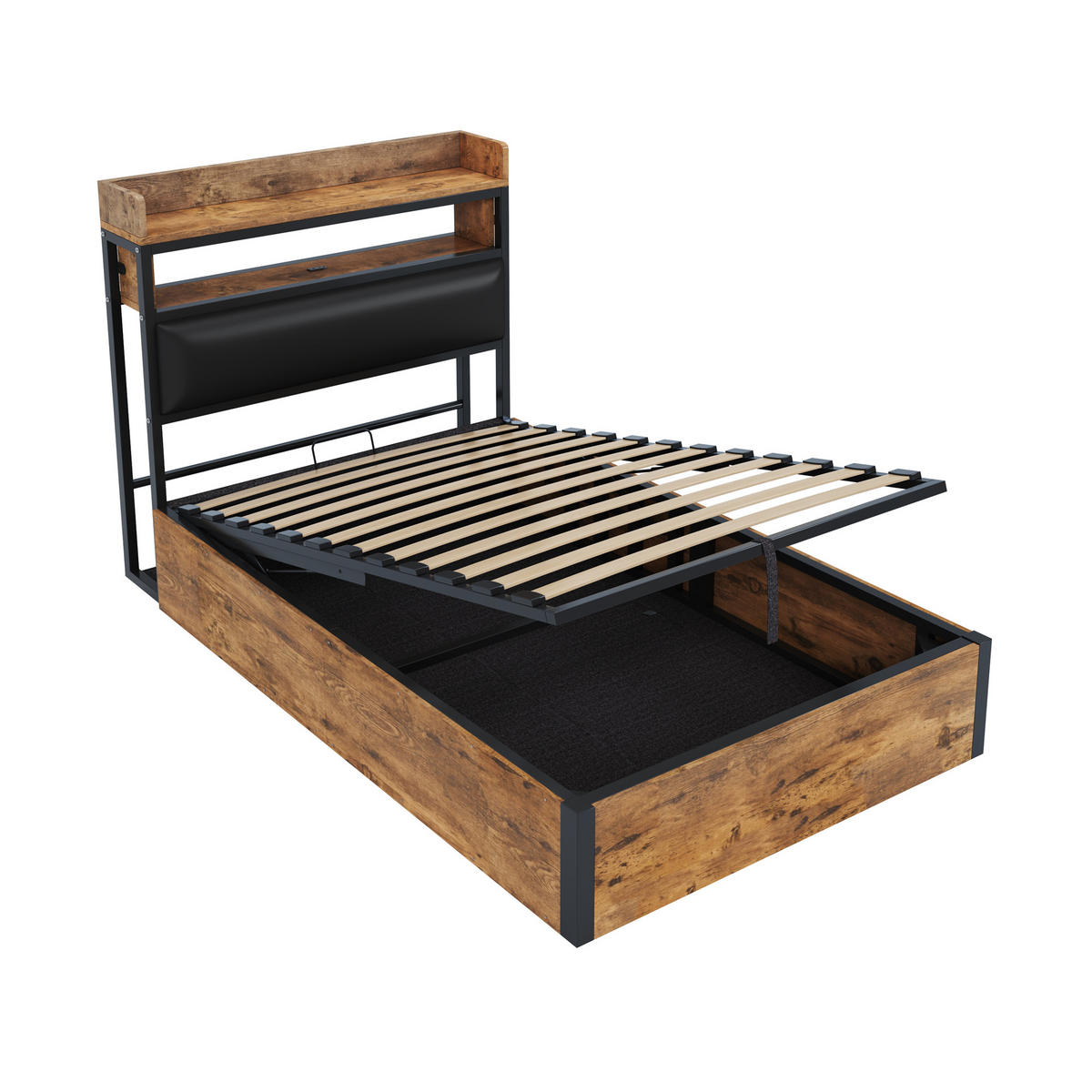 POLSTERBETT 90/200 cm in Schwarz mit Stauraum, USB und Regal - Schwarz, Holzwerkstoff/Textil (90/200cm) - WISHDOR